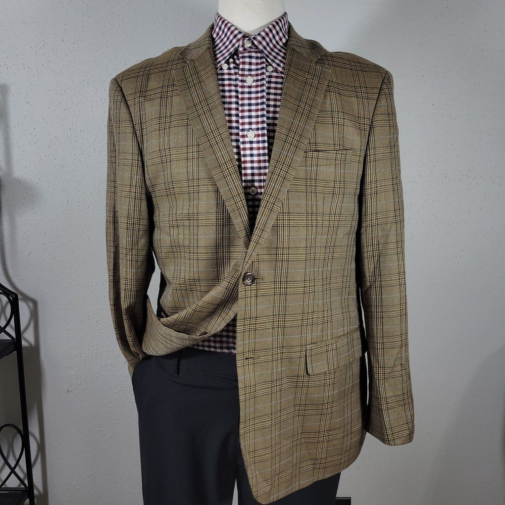 Pronto Moda Mens Sport Coat Blazer Two Button Brown Plaid Polyester Oxford2B 44R